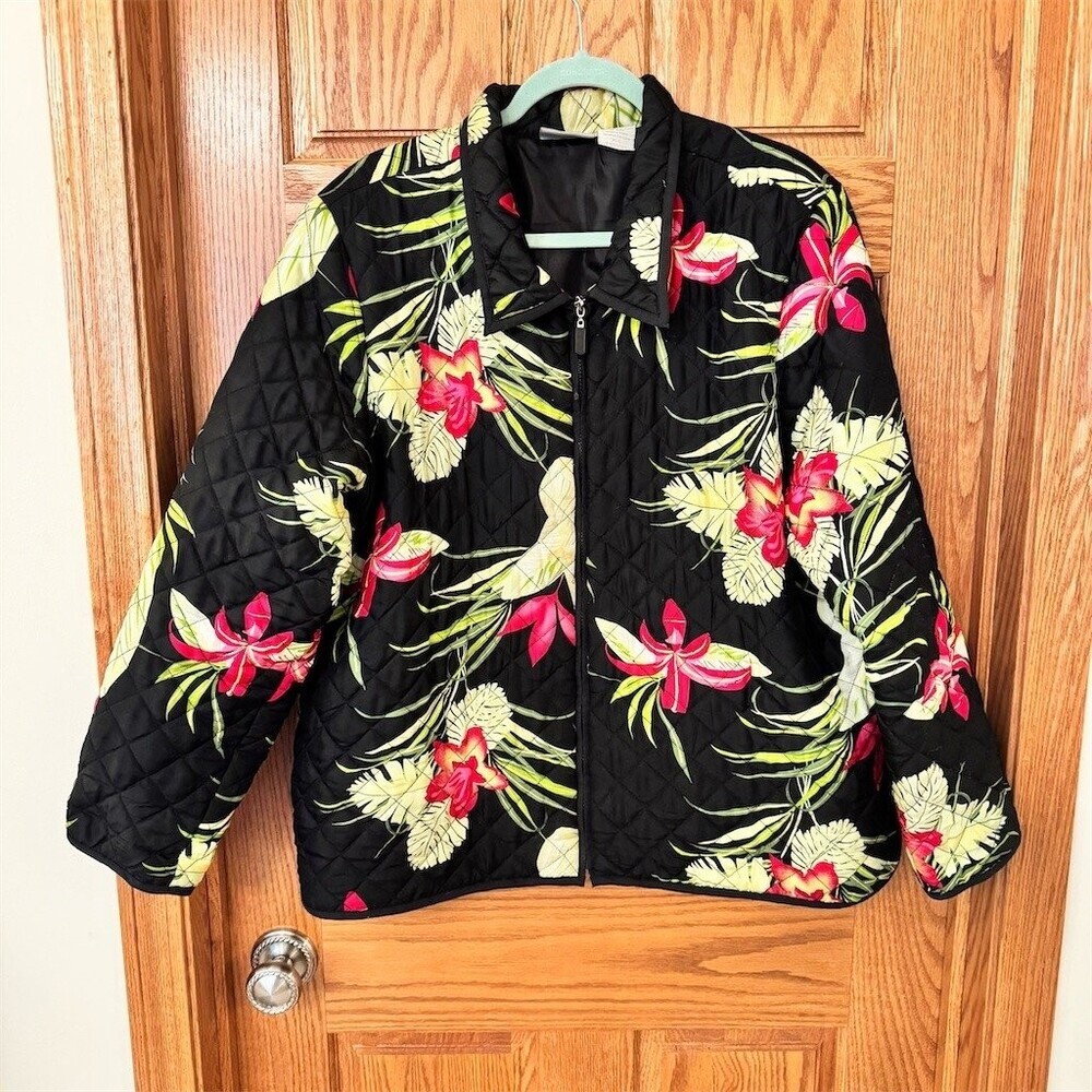 Vintage Blair Jacket Womens XL Black Quilted Tropical Floral Silk Zip